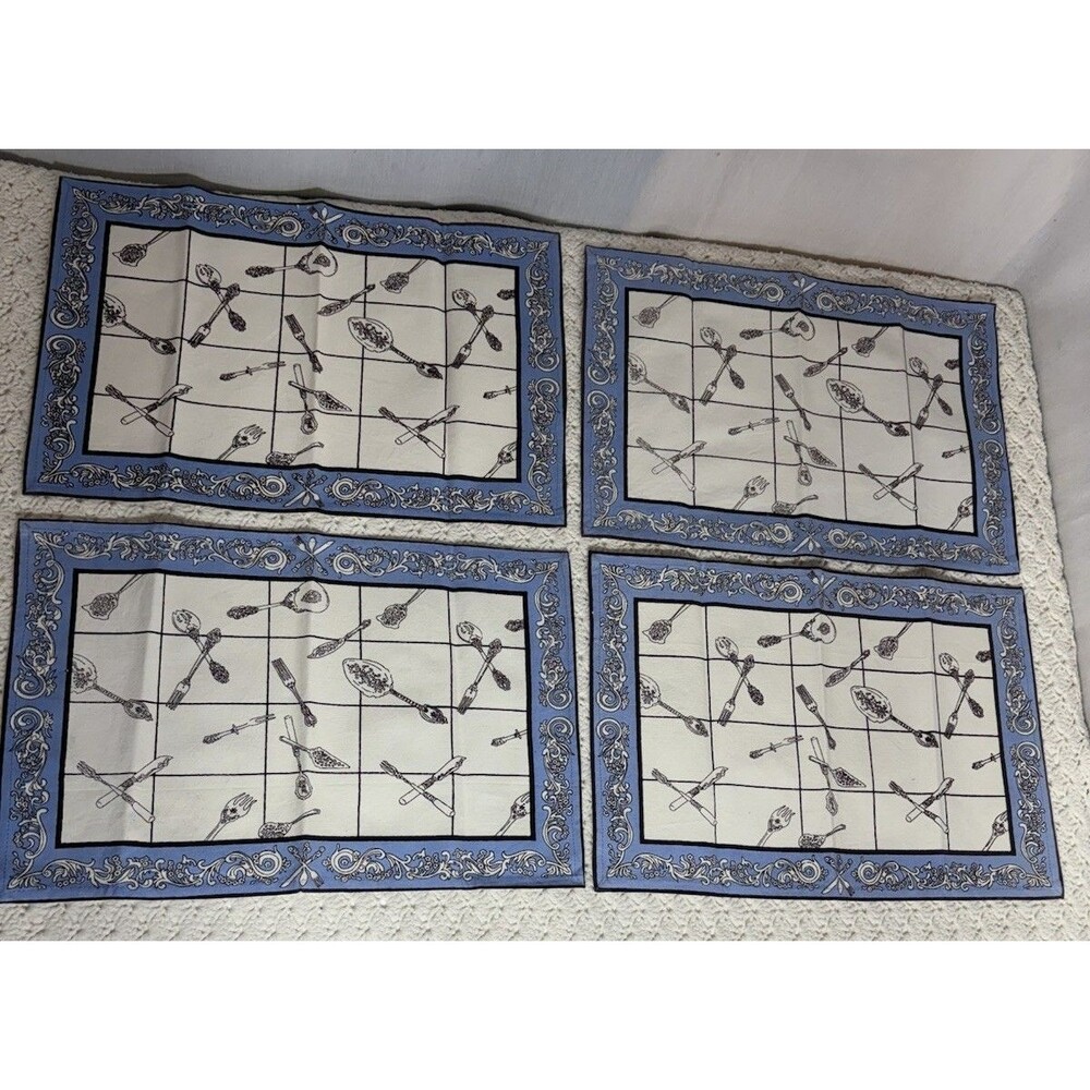 Pier 1 Imports Placemats 100% Cotton Utensils 13” x 19” Set Of 4 Blue Black